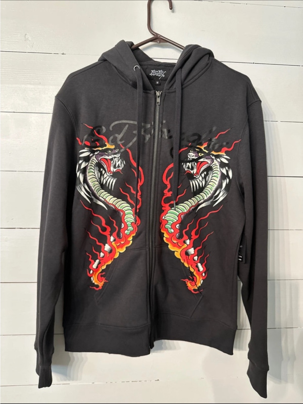 Ed Hardy Black Zip-Up Hoodie with Flaming Snake Graphic